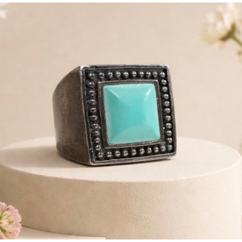 Vintage NF 925 Sterling Turquoise Statement Ring - Heavy Band - Size 7